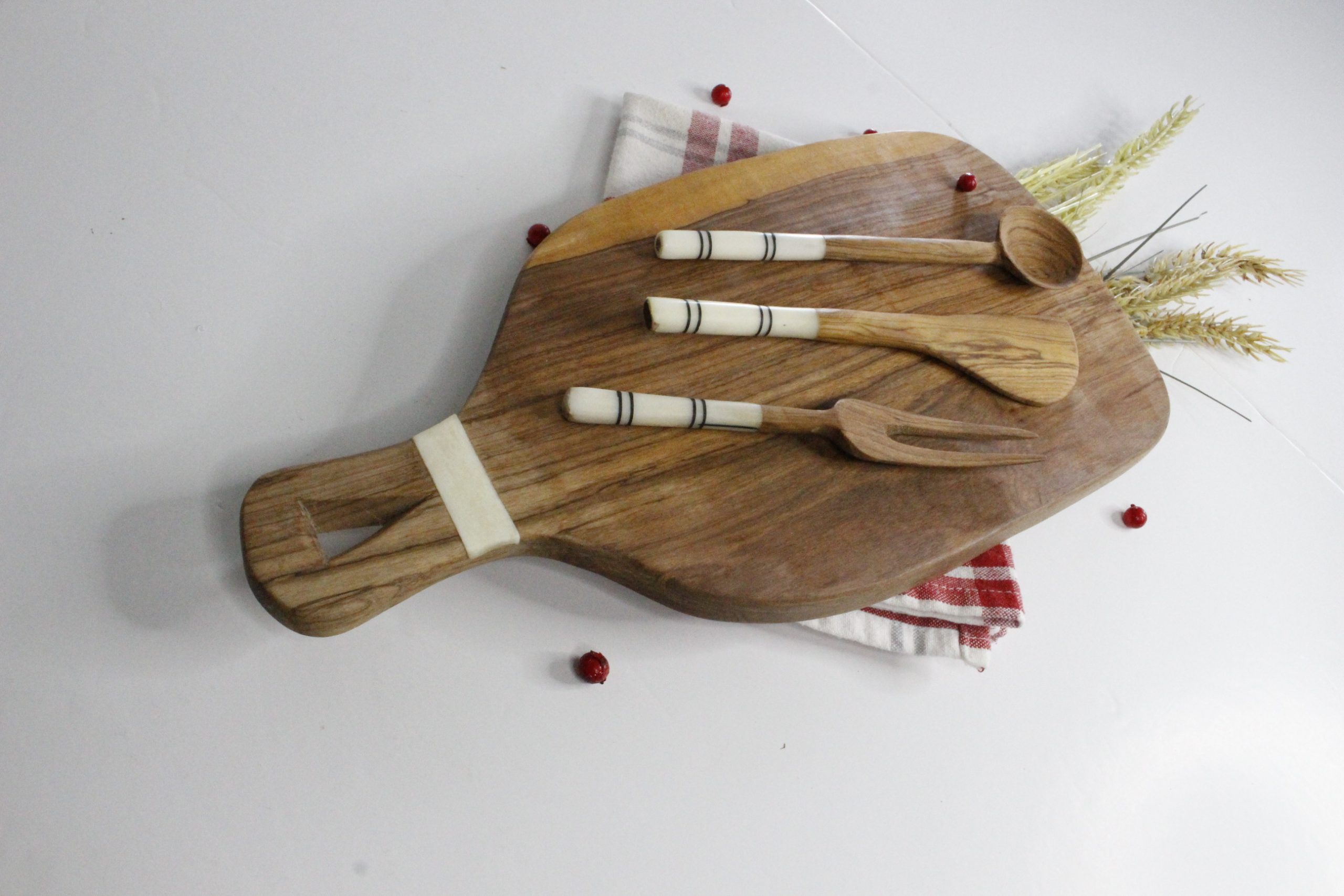 Olive Wood Charcouterie serveware set White Handle Completely Handmade Gifts for Him Gifts for Her
